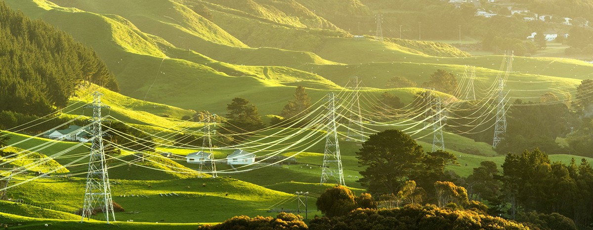 Power lines through rural hills